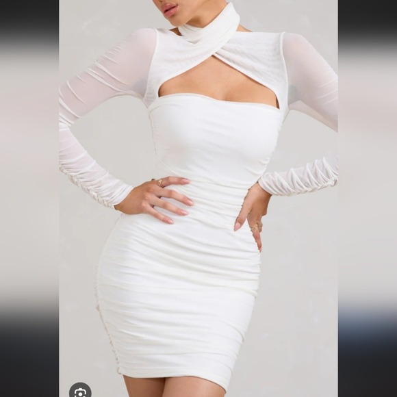Club L London Dresses & Skirts - CLUB L‎ LONDON White Mesh Ruched Mock Neck Cutout Long Sleeve Bodycon Dress